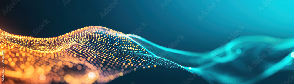 Poster abstract digital wave of glowing particles in teal and orange, representing modern technology and fu
