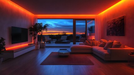 Connected Living Room: A panoramic 16:9 view of a living room where all devices, including the TV, lighting, and thermostat, are controlled by a central app.