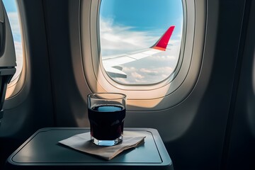 Airplane window shows sky and red wing, dark beverage on tray table, calm flight.