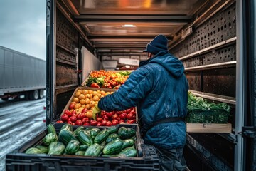 A person unloading fresh produce from a truck in a cold environment.