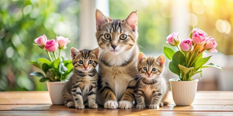 Adorable mother cat with her kittens celebrating Mother's Day at home, mother cat, kittens, celebration, love, family, cute
