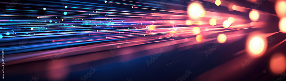 Poster abstract light trails in vibrant colors against a dark background, creating a dynamic and futuristic