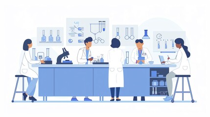 Clinical trial process, patients and researchers, flat design illustration
