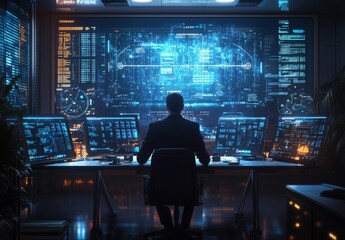 businessman in a high-tech boardroom, surrounded by holographic data screens showing strategic planning, market analysis, and future projections