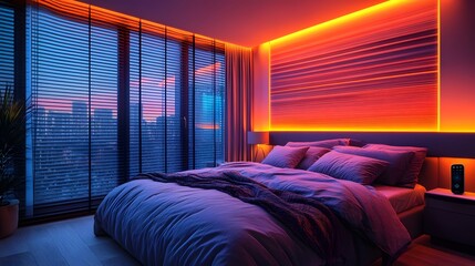 Fototapeta premium Smart Bedroom with Mood Lighting: A 16:9 view of a smart bedroom with adjustable mood lighting, smart blinds, and a voice-controlled speaker on the bedside table.