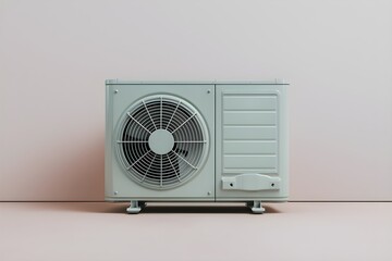 White air conditioning unit with large fan and door against light colored background.