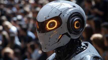 Fototapeta premium A sleek, futuristic robot with vibrant glowing eyes is surrounded by a crowd, highlighting the intersection of technology and humanity