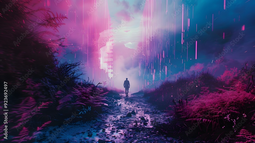 Poster a dreamlike world dominated by glitch aesthetics, where intentional errors and distortions create a 
