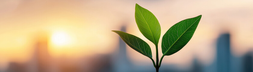 Obraz premium Close-up of a young green plant against a blurred urban skyline during sunrise. Concept of growth, nature, and hope in the city.
