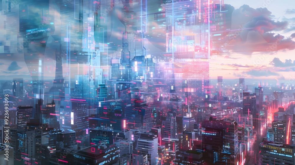 Poster a futuristic cityscape where the very fabric of reality is shaped by the manipulation of video codec