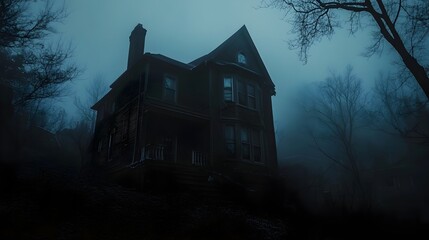 Spooky Abandoned Gothic Mansion in Eerie Night Fog and Shadows