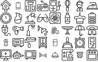 Set Of Linear Home Appliances Icons Web Header Banner Design Containing Kitchen-Utensil,Electronics,Kitchen-Appliance,Lamp,Furniture Stroke Icon Collection. Vector Illustration