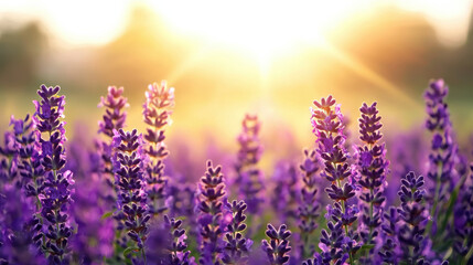 Fototapeta premium A vibrant field of purple lavender flowers in full bloom, illuminated by the golden sunlight at dawn, creating a serene and picturesque nature scene.