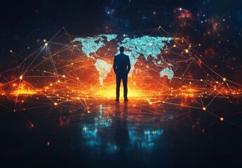 businessman standing in the center of a global digital network, with connection lines extending to different parts of the world, representing international business connections