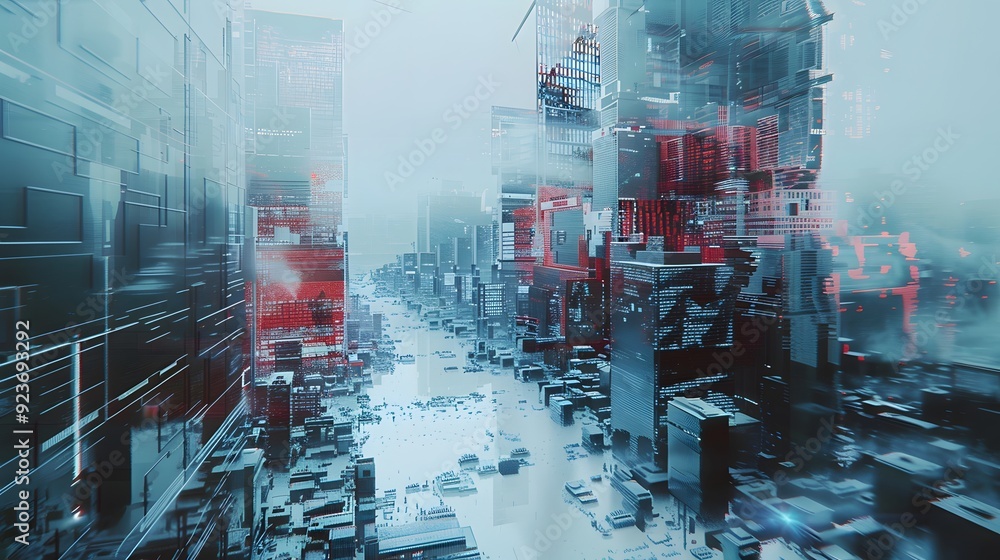 Poster a futuristic cityscape where the very fabric of reality is shaped by the manipulation of video codec