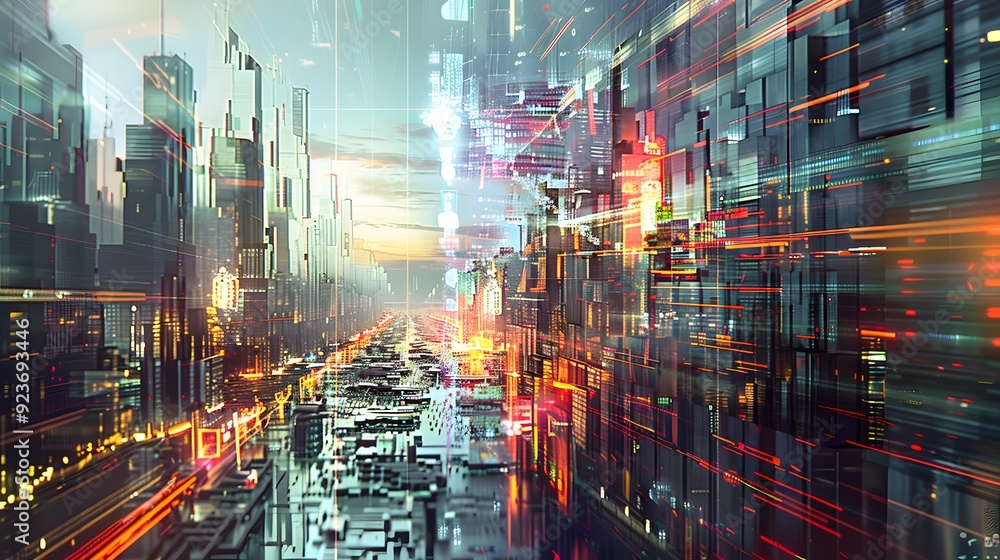 Poster a futuristic cityscape where the very fabric of reality is shaped by the manipulation of video codec