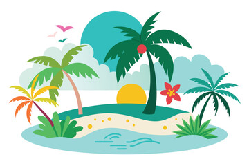 Tropical Island with Palm Trees and Sunset