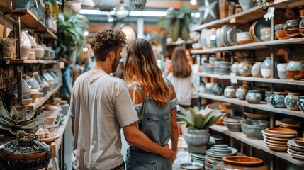 A couple explores a vibrant artisan market for eco-friendly home decor and unique handcrafted pieces.