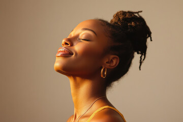 A close up of a black woman's face with her eyes closed