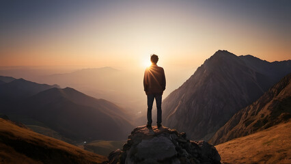 Fototapeta premium A man stands on a mountain top, looking out at the sun setting. The scene is peaceful and serene, with the man's posture conveying a sense of contemplation and reflection