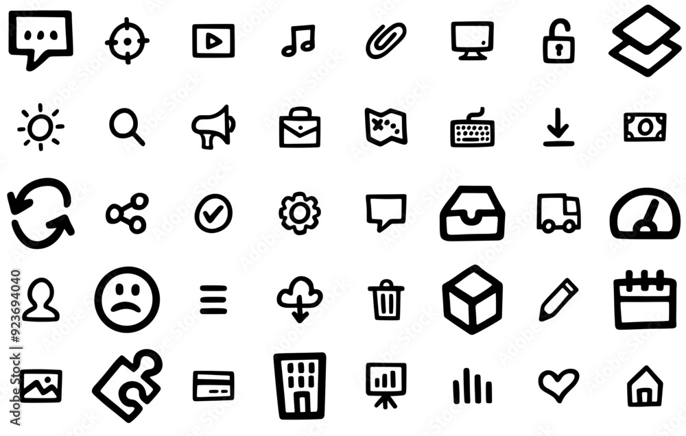 Poster set of hand drawn user interface icons silhouette vector logo design containing security,arrow,docum