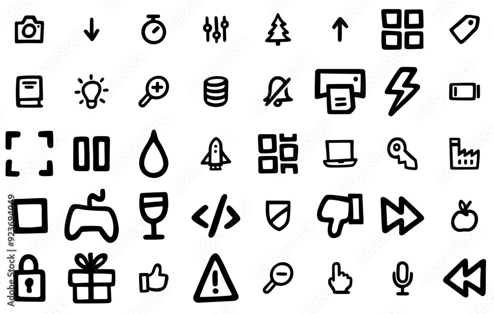 Poster set of linear hand drawn user interface isolated silhouette solid icons with arrow,document,navigati