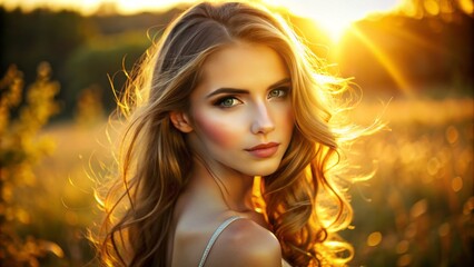 Fototapeta premium Radiant Glow: Golden Hour, Luminous, Sun-Kissed, Radiant Skin, Golden Highlights