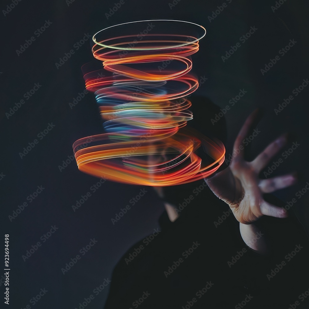 Poster abstract swirling light trails in front of a person's outstretched hand, creating an ethereal and dy