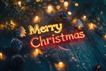 Luminous beautiful festive inscription "Merry Christmas" on wooden background with fir branches, pine cones and garland lights