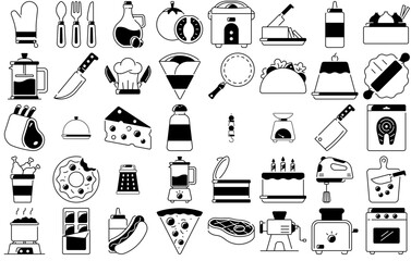 A Collection Of Gastronomy Icons Web Header Banner Design Containing Dessert,Dairy,Knife,Mixer,Kitchenware Stroke Icon Collection. Vector Illustration