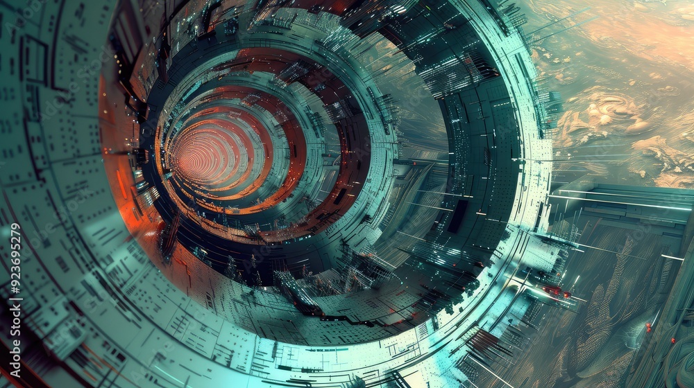 Poster abstract futuristic tunnel with glowing light at the end. circular structure with detailed textures.