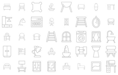 Set Of Furniture Thin Line Isolated Silhouette Solid Icons With Chair,Decoration,Interior,Furniture,Seat Stroke Icon Collection. Vector Illustration