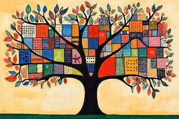 A tree with leaves labeled search, algorithm, and index, symbolizing the growth of organized data.