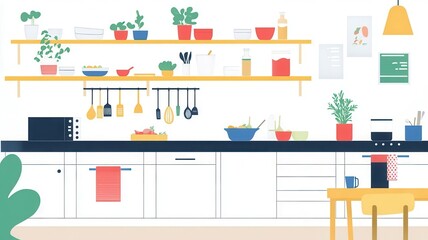 Dorm kitchen with sustainable utensils, students preparing meals, flat design illustration
