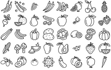 A Collection Of Fruits Vegetables Icons Collection Isolated Silhouette Solid Icons Including Healthy,Berry,Vegetable,Food,Fruit Infographic Simple Vector Illustration Logo