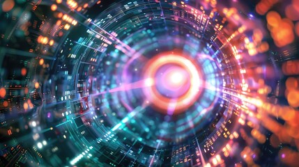 Obraz premium Abstract futuristic background with glowing circles and light beams.