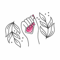 beautiful female hand holds bottle of pink nail polish. beauty illustration on theme of manicure. stylish logo for beauty salon.