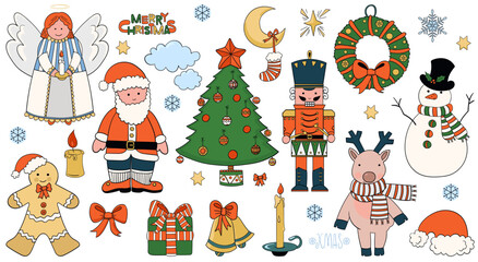 Set of Christmas doodles  isolated on white background. Stylish hand drawn holiday collection. Includes Santa Claus, pine tree, angel, nutcracker, gingerbread, wreath, snowman,reindeer