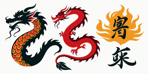 Ink Chinese dragon brushstroke set vector Japanese watercolor tribal tattoo oriental calligraphy kit. Abstract snake silhouette stains, vintage zodiac traditional painting collection. Ink dragon