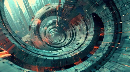 Obraz premium Abstract spiral structure with futuristic city in the background.