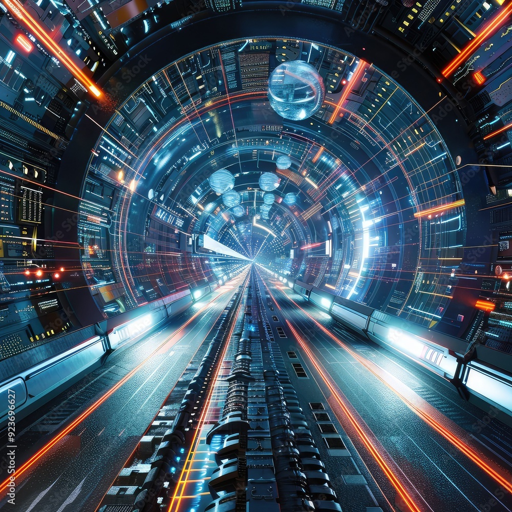 Poster a futuristic tunnel with glowing lights and a bright end, creating a sense of speed and motion.