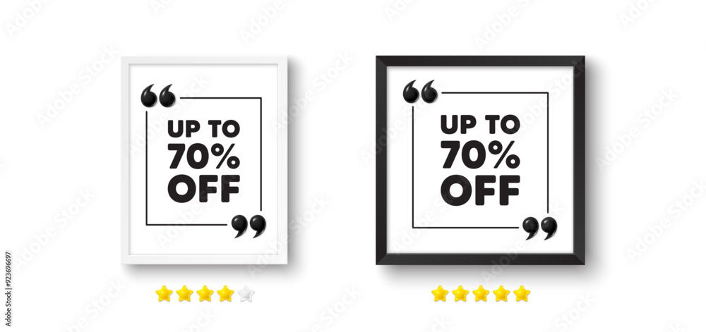 Sticker Picture frame with 3d quotation icon. Up to 70 percent off sale. Discount offer price sign. Special offer symbol. Save 70 percentages. Discount tag chat message. Photo frame wall. Vector