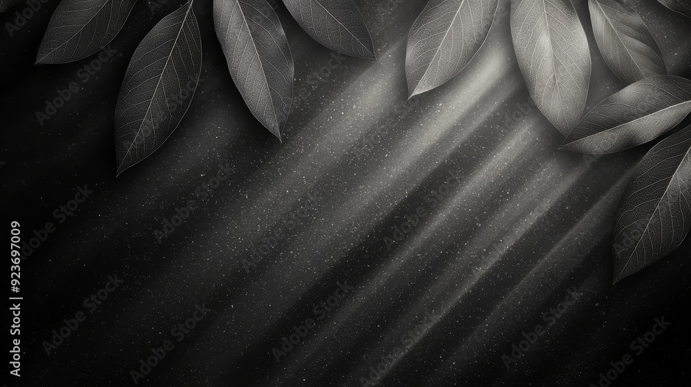 Poster a serene composition of dark leaves with gentle rays of light, creating a tranquil and atmospheric b