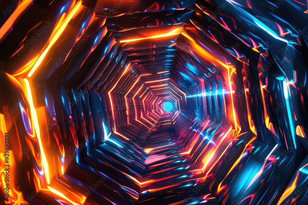 Poster abstract glowing tunnel with hexagonal shape and vibrant colors