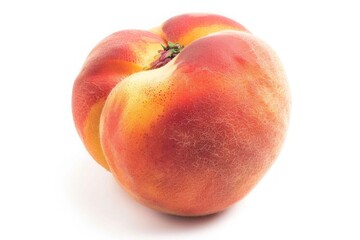 A ripe, juicy peach with a fuzzy skin, isolated on a pure white background