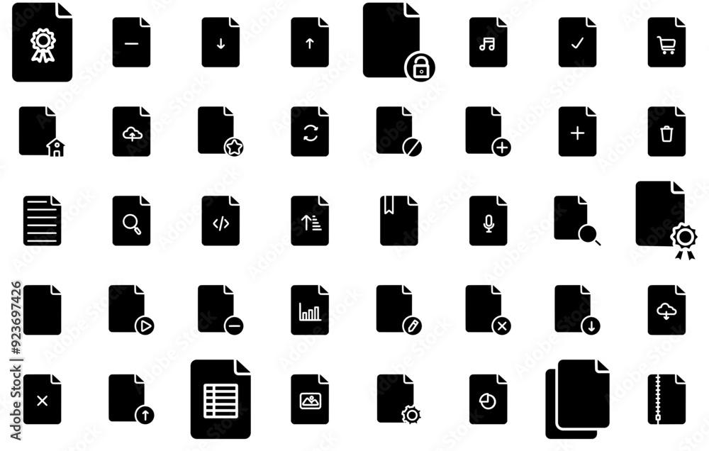 Poster mega set of vector file glyph isolated silhouette solid icons with document,delete-file,paper,note,f