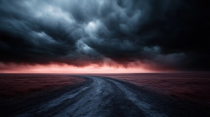 An intense, dramatic scene of a rural road curving through an open plain beneath a stormy, cloud-filled sky at dusk, displaying contrasting dark and red tones.