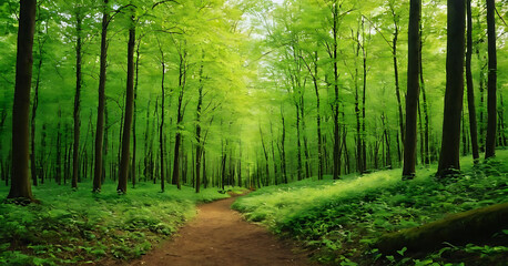 Obraz premium A sunlit path winds through a vibrant green forest, inviting exploration and a sense of peaceful solitude. Ideal for nature-themed websites, travel brochures, or projects promoting eco-tourism and out