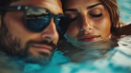 A close-up view of a relaxed couple enjoying time in a swimming pool, with a focus on their serene expressions and the calm water surrounding them on a bright day.