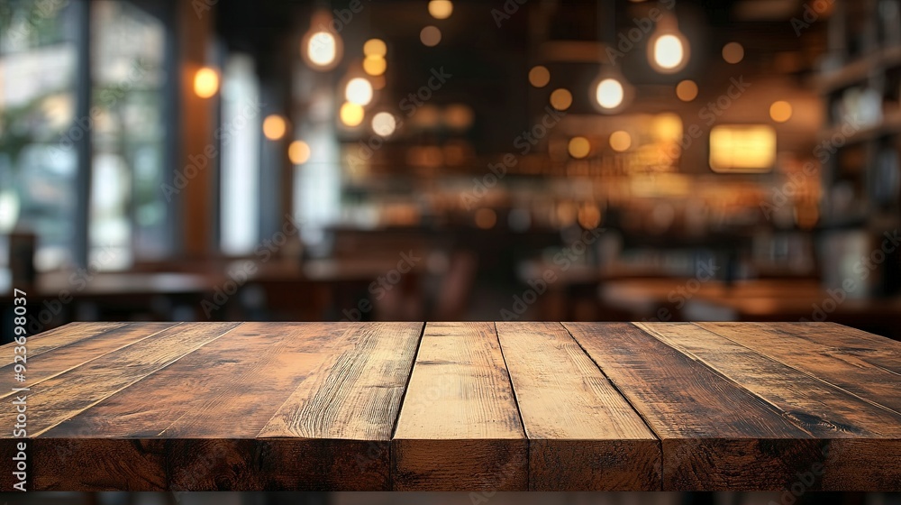 Wall mural wooden board empty table background. abstract blurred cafe background. generative ai